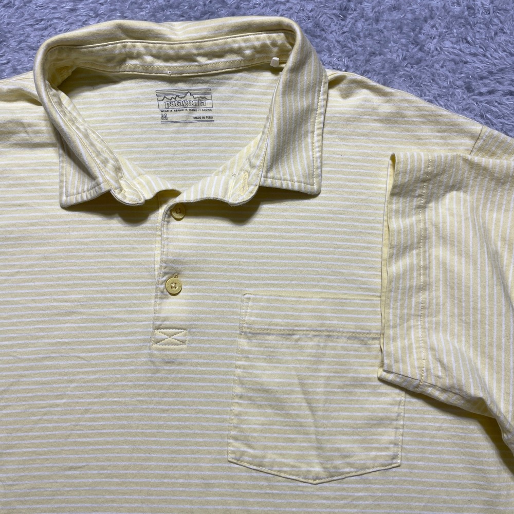 Patagonia Mens Short Sleeve Striped Polo Shirt Yellow White Size M Pocket
